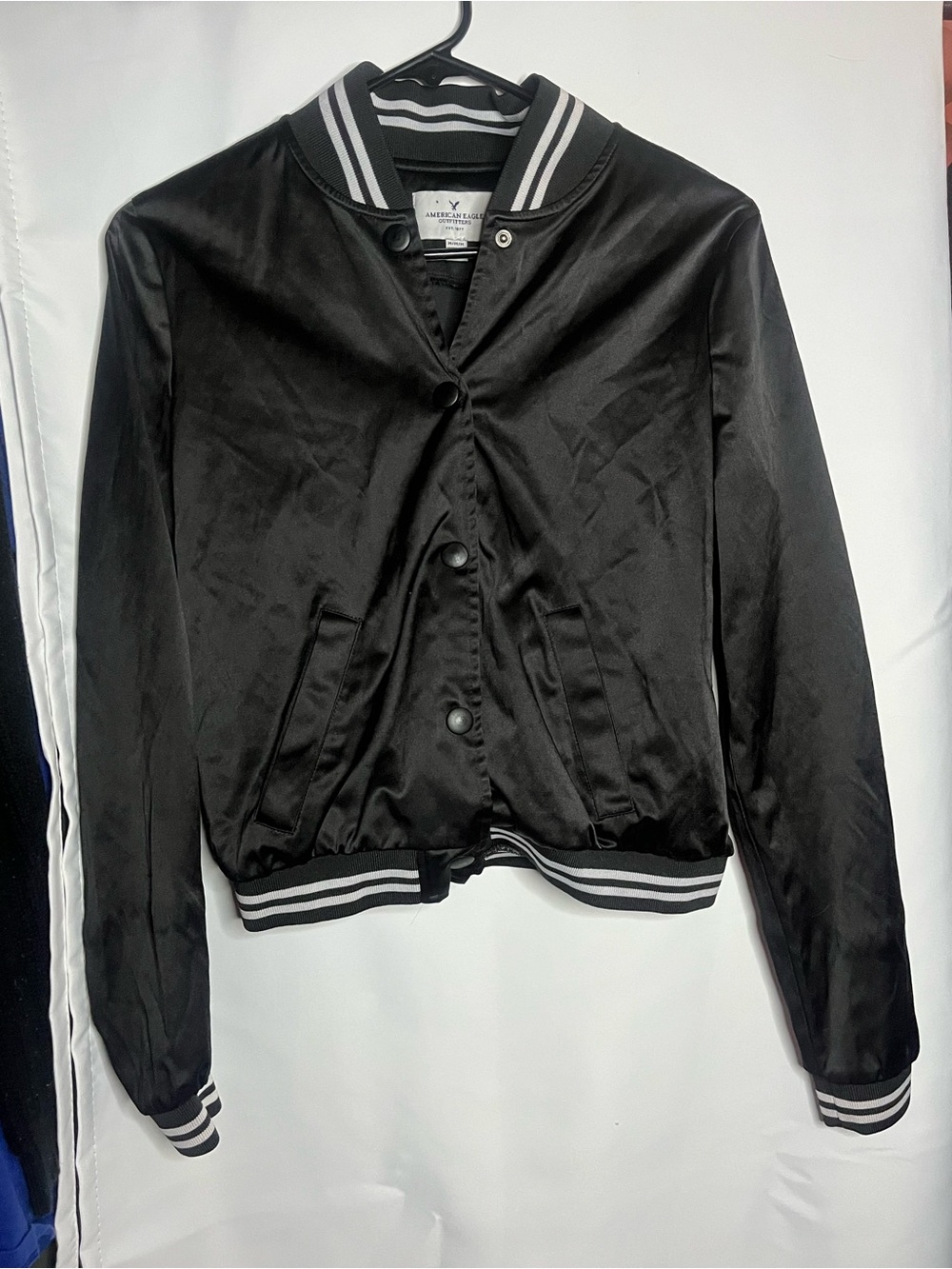 American Eagle Outfitters Black Satin Varsity Jacket with Stripe Trim